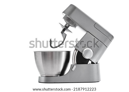 Silver food processor with hook on white background isolated, kitchen electric mixer, Modern kitchen appliance for cooking Royalty-Free Stock Photo #2187912223