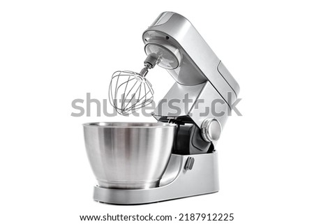 Silver food processor with whisk on white background isolated, kitchen electric mixer, Modern kitchen appliance for cooking Royalty-Free Stock Photo #2187912225