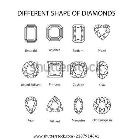 Low poly black outline template, different shape of Diamonds gem cut icons isolated on white background, vector illustration