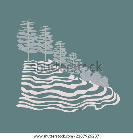 Ecodesign of the park space. The relief is mountainous covered with trees. Landscape architecture logo