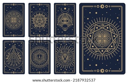 Tarot cards. Astrology arcana cards or occult ritual tattoo set. Tarot cards for divination or cartomancy with esoteric mason vector signs, line vector occult and magic symbols, satan pentagrams Royalty-Free Stock Photo #2187932537