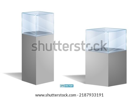 realistic empty transparent glass box or empty glass cube box showcase or exhibit box transparent background isolated. eps vector Royalty-Free Stock Photo #2187933191