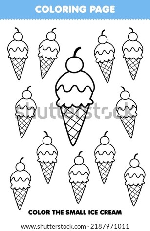 Education game for children coloring page big or small picture of ice cream printable worksheet