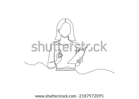 Single one line drawing Female teacher teaches using notes and pen in her hand. International teacher's day concept. Continuous line draw design graphic vector illustration.