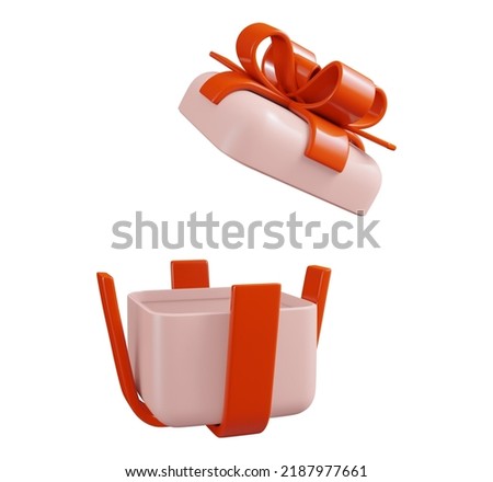 Open gift box with red ribbon 3d rendering. Realistic 3d design In plastic cartoon style. Icon isolated on white background.