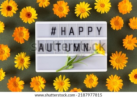 Happy autumn text on light box and orange calendula flowers on green background. Top view Flat lay Minimal style. Concept Welcome Fall. Greeting card.