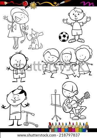 Coloring Book or Page Cartoon Vector Illustration of Black and White Funny Dogs Expressing Emotions Set for Children