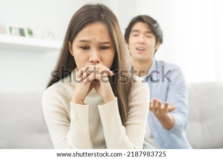 Breakup and depressed, asian young quarrel  couple love fight relationship in trouble. Different people are emotion angry. Argue wife has expression, upset with husband. Problem of family people. Royalty-Free Stock Photo #2187983725