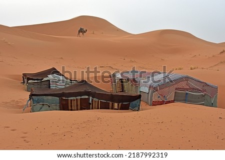 A desert camp in the Erg Chebbi, the huge dune region near Merzouga in southeast Morocco Royalty-Free Stock Photo #2187992319