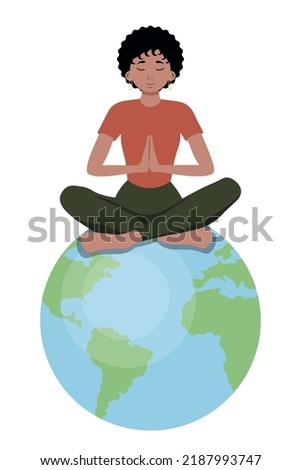Woman doing meditation. Lotus pose. Planet Earth. Harmony with the universe and palnet. Space energy. Peaceful of mind. Woman in lotus pose vector illustration isolated on white. 