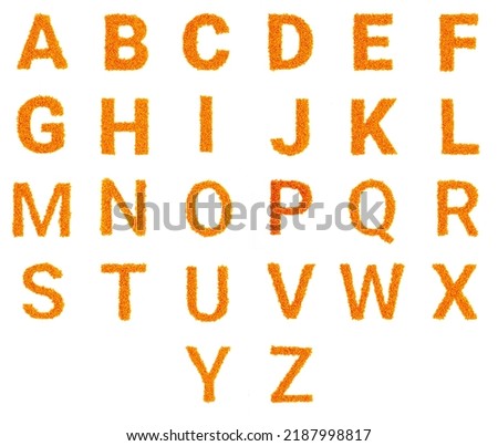 Alphabet made from red lentils. Lentil font. White background. Bright font for menu or food blog. Lettering design element. Init cap