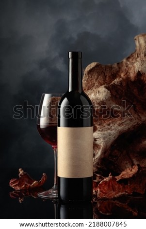 Bottle of red wine with old empty label. In the background old driftwood, dried-up vine leaves, and a dark cloudy sky. Frontal view with space for your text.