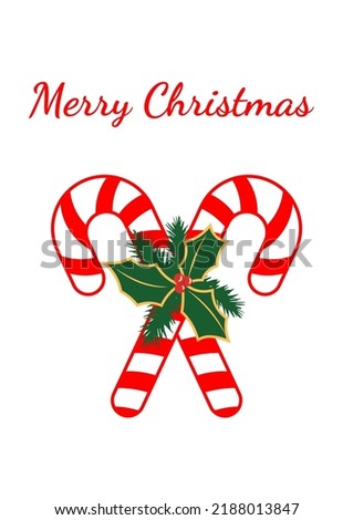 Christmas candy canes with berries and leaves. Christmas greeting card.