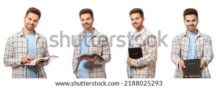 Set of young man with Bible isolated on white  Royalty-Free Stock Photo #2188025293
