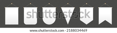 Empty white bunting pennants of various shapes. Hanging realistic pennants and flag with rope. Bunting flags mock up. Blank realistic templates. Vector illustration isolated on transparent Royalty-Free Stock Photo #2188034469