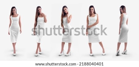 Blank white tight dress mockup on slim girl isolated on background, set, front, back view. Template of a fashionable sundress on a model, for design, print, pattern, advertising Royalty-Free Stock Photo #2188040401
