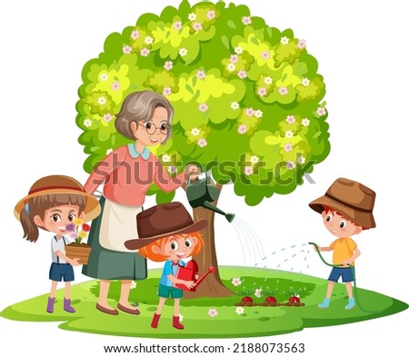 Grandmother with children gardening isolated illustration