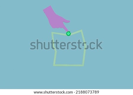 purple hand pointing to frame as copy space, blue background, creative art modern design, marketing