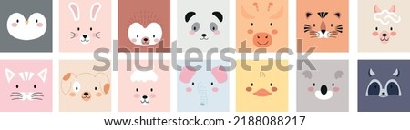 Cute animal face set vector illustration. Abstract scandinavian nursery character collection: penguin, hare, hedgehog, panda, giraffe, tiger, lama, sheep, cat, dog, elephant, chick, koala, raccoon