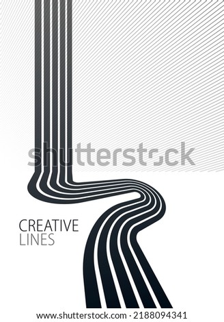 Linear composition vector road to horizon, abstract background with lines in 3D perspective, optical illusion op art, black and white monochrome. Royalty-Free Stock Photo #2188094341