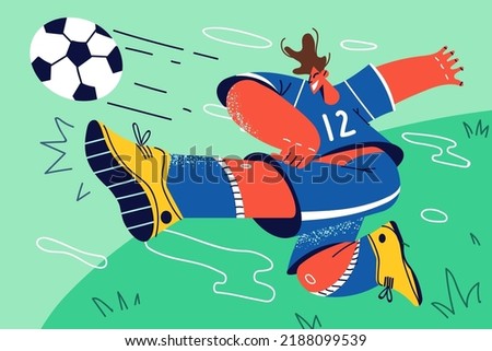 Smiling male athlete kick football ball on field. Happy motivated sportsman engaged in game or match. Sport career. Vector illustration. 
