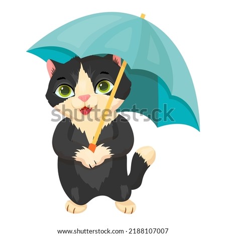 Black and white cat under a blue umbrella. Walks in the rain. Autumn entertainment. Pet. Kitten. Vector illustration.