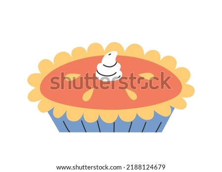 Hand drawn cute cartoon illustration of pumpkin pie with whipped cream. Flat vector Halloween and Thanksgiving sticker in simple colored doodle style. Fall or autumn food icon or print. Isolated.