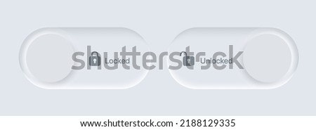 3D Neumorphism on off button symbol, soft white slider bars, active unlock and lock power badges, user interface switch panels. Royalty-Free Stock Photo #2188129335