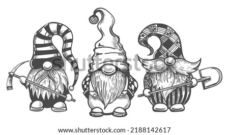 Black white gnomes. Isolated dwarfs miners cartoon sketch, gardener little dwarf fairies, hand drawn fairytale cave elves, magic mountain trolls drawing, vector garden wizards Royalty-Free Stock Photo #2188142617