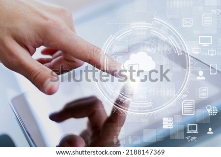 Businessman hand to synchronize host server to working on system for technology and business concept