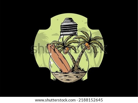 Illustration design of a Coconut tree and surfing board in a bulb lamp