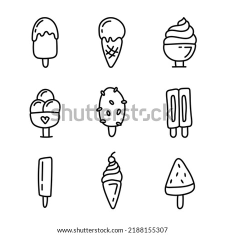 Set of ice cream icons, such as parfait, frozen yogurt, ice cream sundae, vanilla, chocolate. Hand drawn collection illustrations with ice cream, scoop for it and berries for stuffing. Sketches 