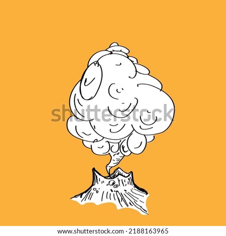 Volcano mountain which is exploding, dangerous nature object . Hand drawn, doodle, sketch, cartoon style, freehand, funny caricature illustration.