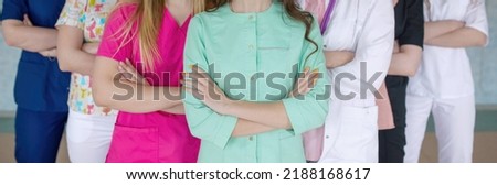 medicine professionals staff. people - doctor, nurse and surgeon. a group of faceless doctors. medical advertisement design. background wide promotional banner.