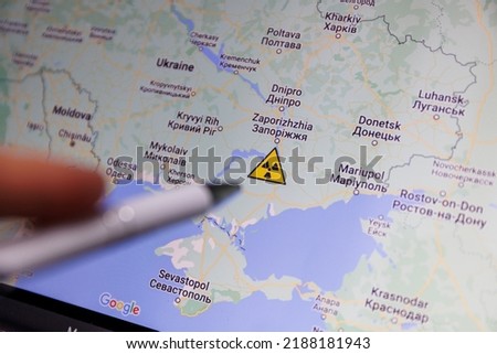 Zaporizhzhia nuclear power plant on map. The danger of nuclear leak and radiation. War in Ukraine Royalty-Free Stock Photo #2188181943