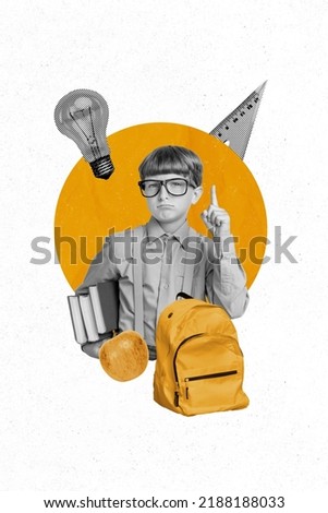 Creative abstract template graphics image of smart clever small kid pointing finger isolated drawing background