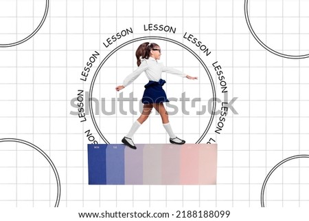Creative collage image of little girl walking week days calendar lesson text isolated on checkered copybook pattern background