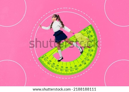 Composite collage portrait of happy little girl hold backpack stand big protractor isolated on pink painted background