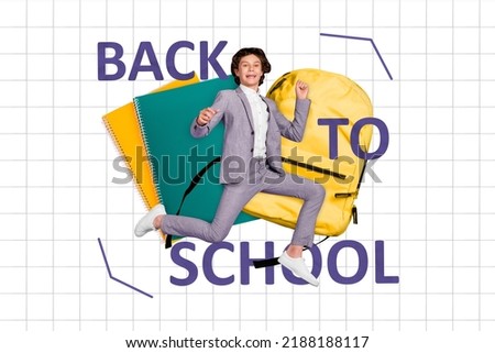 Composite collage picture of excited delighted boy celebrate back to school isolated on checkered copybook background