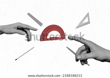 3d retro abstract creative artwork template collage of hands arms fingers pointing geometric protractor isolated painting background
