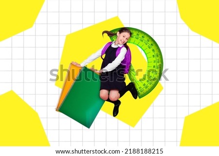 Creative retro 3d magazine image of small kid jumping holding copybooks isolated painting background