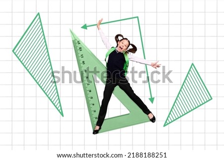 Creative collage picture of overjoyed small girl jump big triangular painted geometric figures checkered copybook pattern paper