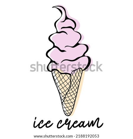 Outline swirled soft serve vanilla ice cream in wafers cone isolated on white background. Sweet dessert. Contour drawn vector illustration