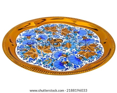 Blue Gold Old decorative russian folk handpainted metal tray with floral color pattern on white. Use for interior design.