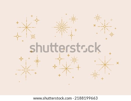 Clink splashes, stars, glowing in flat line art deco style drawing on beige background