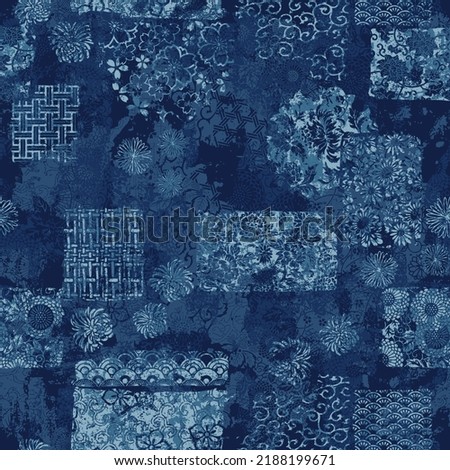 Traditional Japanese indigo fabric patchwork wallpaper grunge abstract vector  seamless pattern  Royalty-Free Stock Photo #2188199671