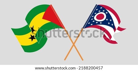 Crossed and waving flags of Sao Tome and Principe and the State of Ohio. Vector illustration

