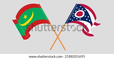 Crossed and waving flags of Mauritania and the State of Ohio. Vector illustration
