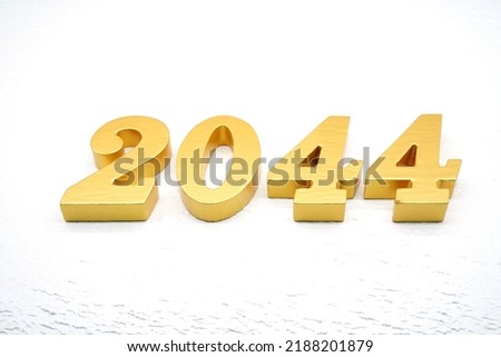    Number 2044 is made of gold painted teak, 1 cm thick, laid on a white painted aerated brick floor, visualized in 3D.                                       
