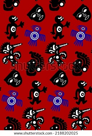 Abstract Hand Drawing Ethnic Mayan Aztec Masks Birds Ancient Shapes Icons Symbols Seamless Vector Pattern Isolated Background